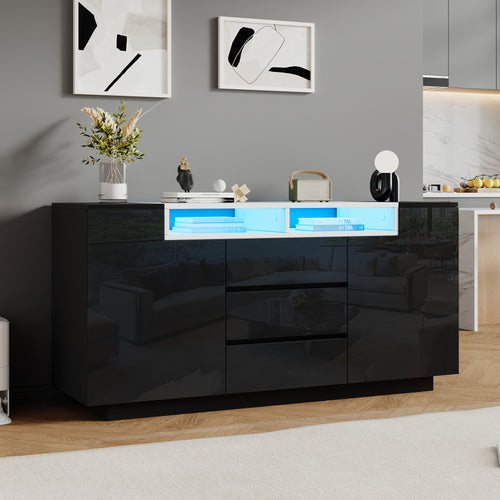 140*40*68cm Sideboard para el salón con 2 puertas en forma de L, armario para el salón con tabiques ajustables y luces LED, armario con lustre con 3 cajones, cómoda, negro
