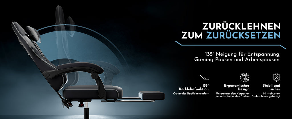 Silla de gaming para PC, silla de oficina con soporte lumbar, cabeza ajustable y brazos reclinables, silla de escritorio ergonómica con apoyo para los pies, ajustable de 90° a 145°, silla de oficina para hombre/mujer