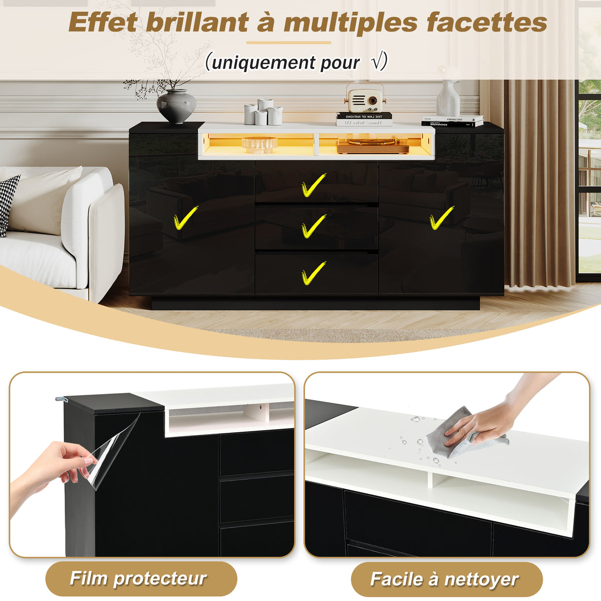 140*40*68cm Sideboard para el salón con 2 puertas en forma de L, armario para el salón con tabiques ajustables y luces LED, armario con lustre con 3 cajones, cómoda, negro