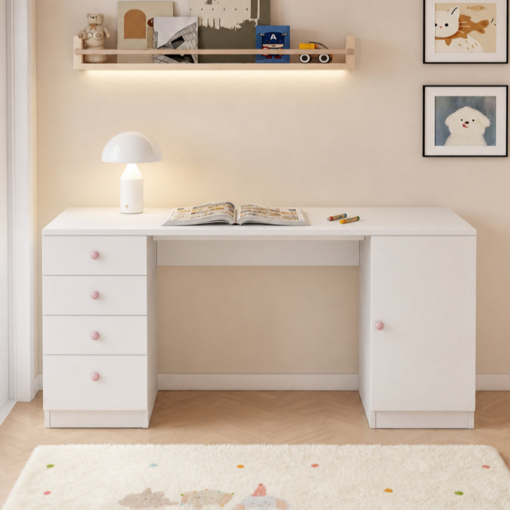 Mesa de escritorio, mesa de trabajo, mesa de computadora, con 4 cajones y una superficie de almacenamiento, muebles para niños, mesa de estudio con espacio de almacenamiento, empuñaduras de cerámica rosa, 155*45*74 cm, Blanco