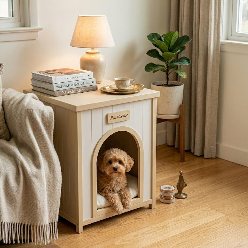 Mesa lateral para caja para perros de madera – Mueble para mascotas para el interior de la casa de madera FSC® para perros y gatos pequeños, Mesa lateral de estilo escandinavo