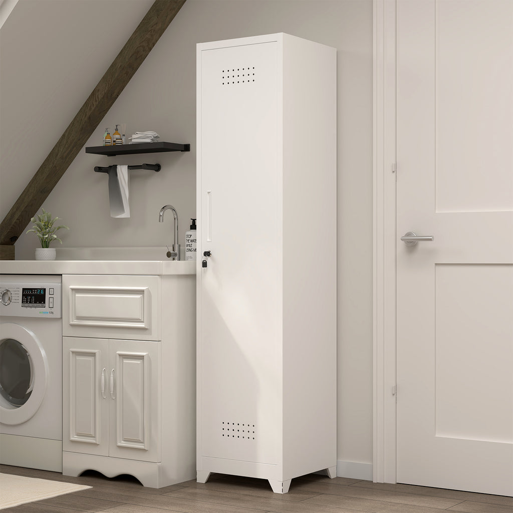 Gabineté de almacenamiento para limpieza de metal esbelto y blanco con puerta cerradora, estantes y barra de colgado, 65" de alto, organizador de utilidades para la cocina, despensa, oficina, taller y garaje