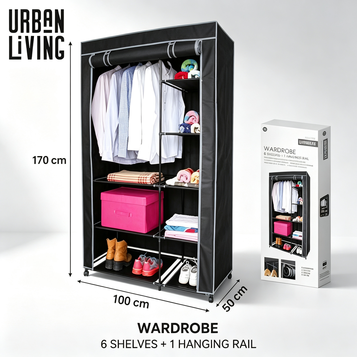Armario de Tela con Ruedas Urban Living | 6 Estantes + Barra Colgador | 100x50x170 cm | Negro