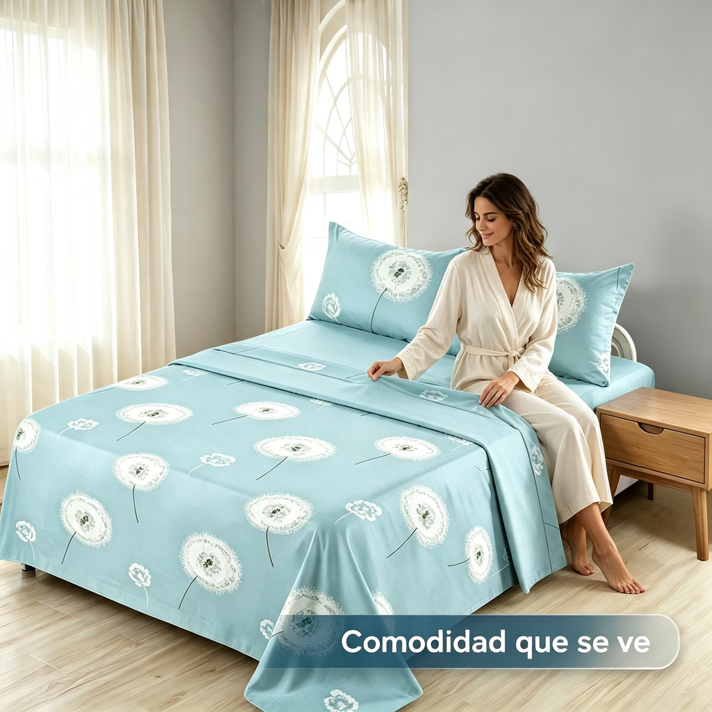 Juego de Sábanas 4 Piezas | Estampado Diente de León | Azul Celeste | Sábana Encimera + 2 Fundas | Suave y Transpirable