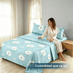 Juego de Sábanas 4 Piezas | Estampado Diente de León | Azul Celeste | Sábana Encimera + 2 Fundas | Suave y Transpirable