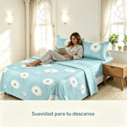 Juego de Sábanas 4 Piezas | Estampado Diente de León | Azul Celeste | Sábana Encimera + 2 Fundas | Suave y Transpirable