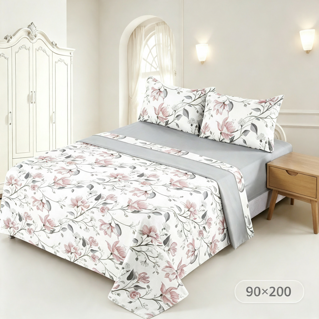 Juego de Sábanas 4 Piezas | Estampado Floral Rosa y Gris | Fondo Blanco | Sábana Encimera + 2 Fundas | Suave y Transpirable