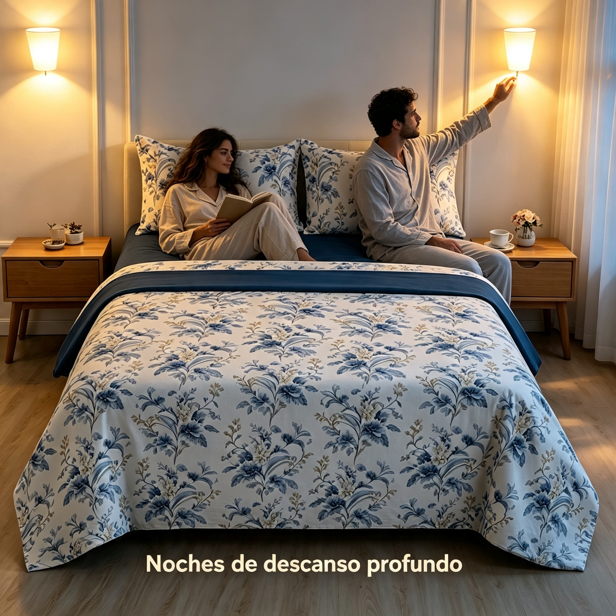 Juego de Sábanas 4 Piezas | Estampado Floral Azul Clásico | Fondo Blanco | Sábana Encimera + 2 Fundas | Suave y Transpirable