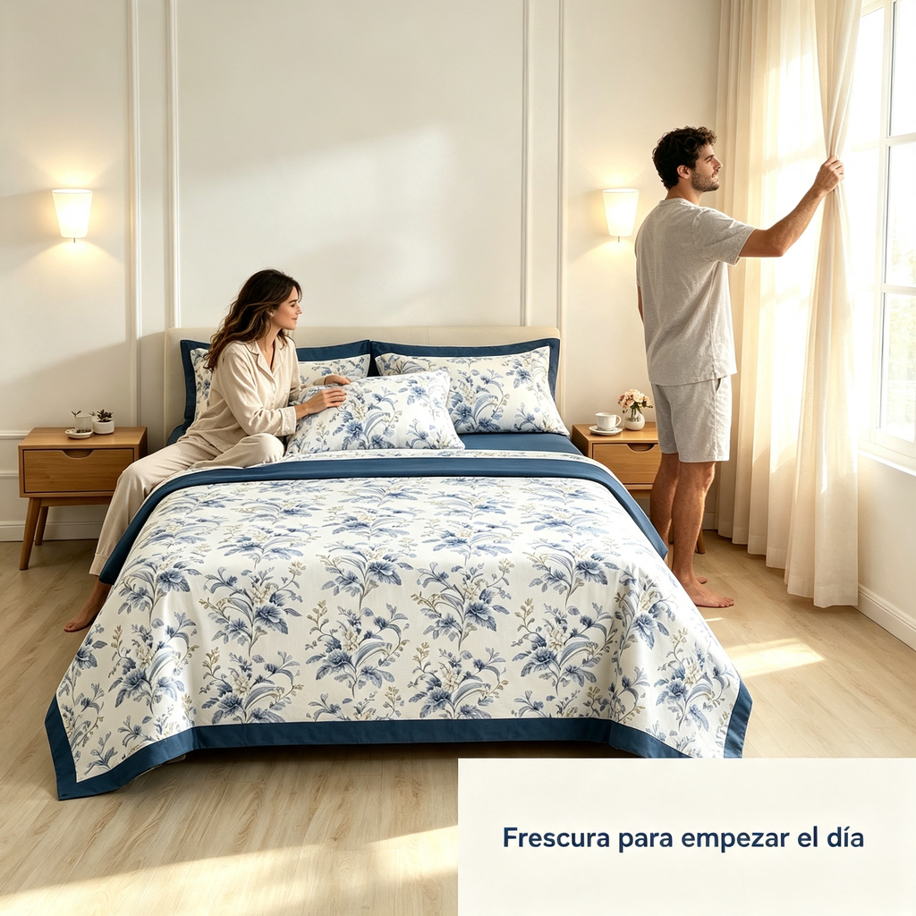 Juego de Sábanas 4 Piezas | Estampado Floral Azul Clásico | Fondo Blanco | Sábana Encimera + 2 Fundas | Suave y Transpirable
