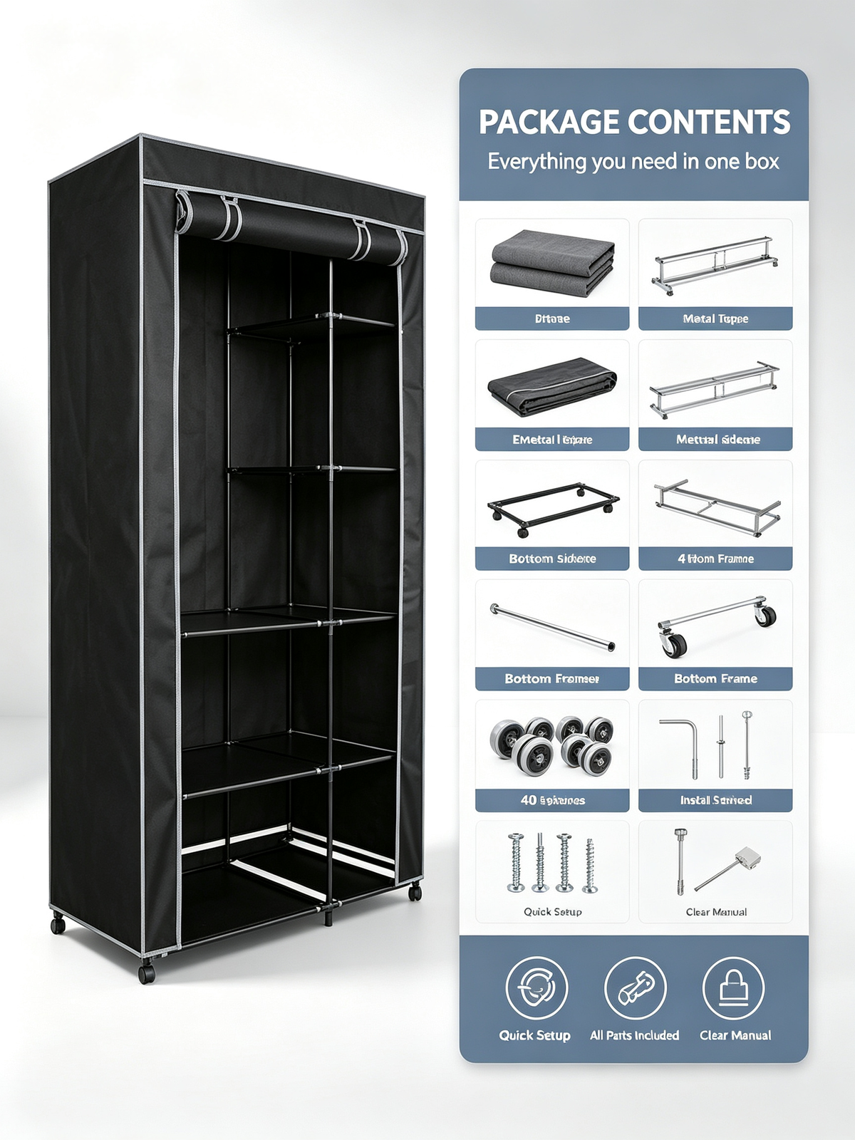 Armario de Tela con Ruedas Urban Living | 6 Estantes + Barra Colgador | 100x50x170 cm | Negro