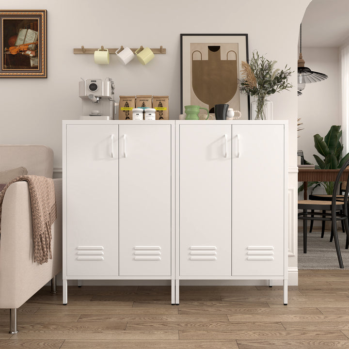 Gabinet de almacenamiento de acero blanco con 2 puertas y 2 estantes ajustables, gabinete multifuncional para el salón, la cocina, el dormitorio, el almacenamiento de herramientas en el garaje y la organización de archivos en el despacho