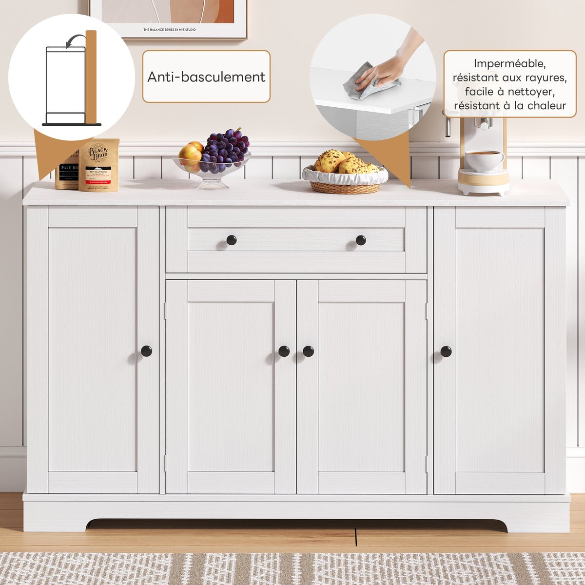 Buffet multifuncional para la cocina – Sideboard de 138 cm con cajón, puertas de estantería y soportes de empotramiento ajustables – Diseño moderno con protección anti-inclinación, ideal para la cocina, el salón y el dormitorio