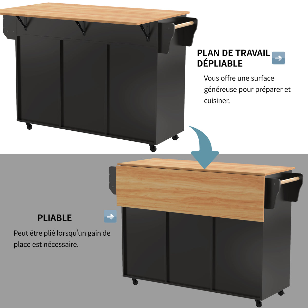 Gran carrito de cocina/armario de 139x46(71)x91,5 cm, cuerpo negro + mesilla de trabajo en madera de alta calidad, mesilla de trabajo plegable, puerta de almacenamiento, ruedas, pies de madera intercambiables, adecuado para comedor, cocina