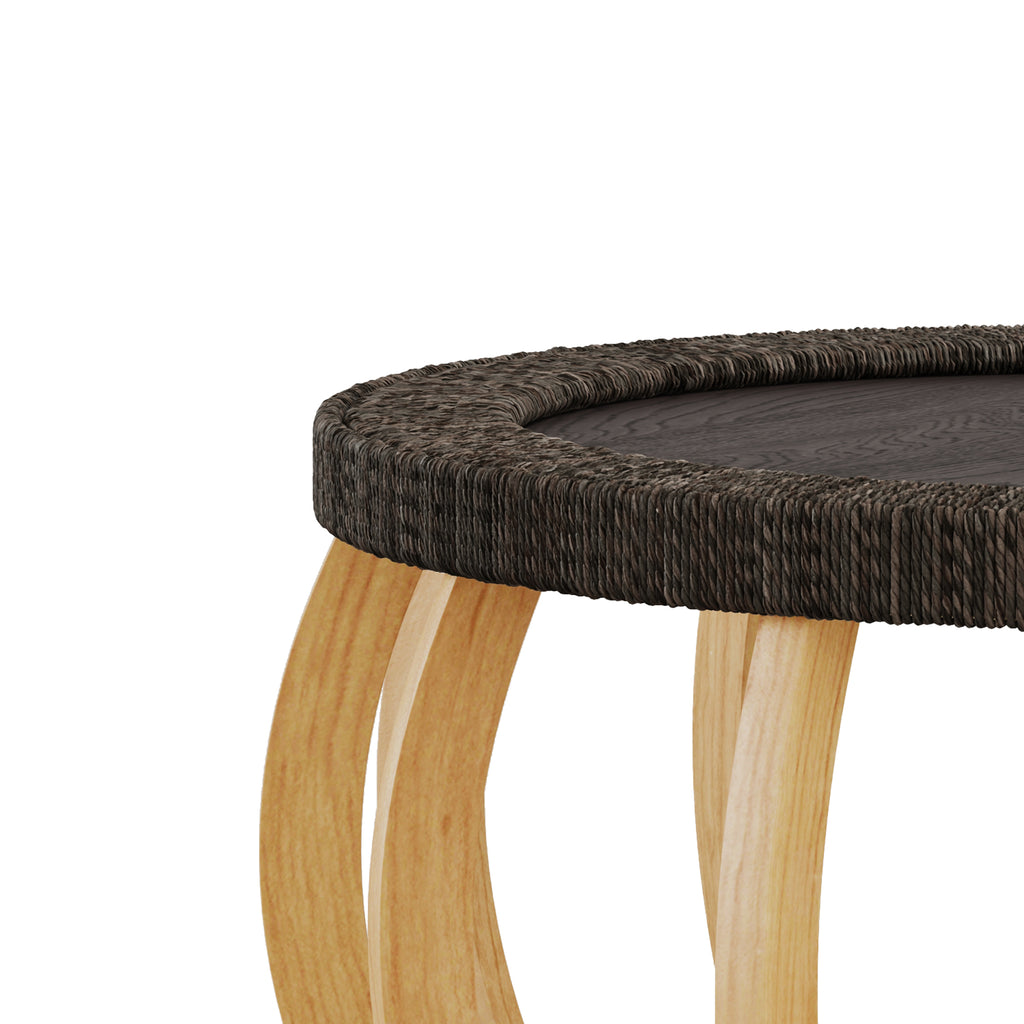 Mesa de café redonda de madera sólida con mimbre vintage, patas curvas, acento boho para el comedor, la cocina y la sala de estar, Negro Marrón