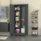 Gabinet de almacenamiento para escobas con puertas con cerradura y estantes, gabinete de almacenamiento metálico de 65" de alto con varilla de colgado y anzuelos S, gabinete de almacenamiento de herramientas de limpieza