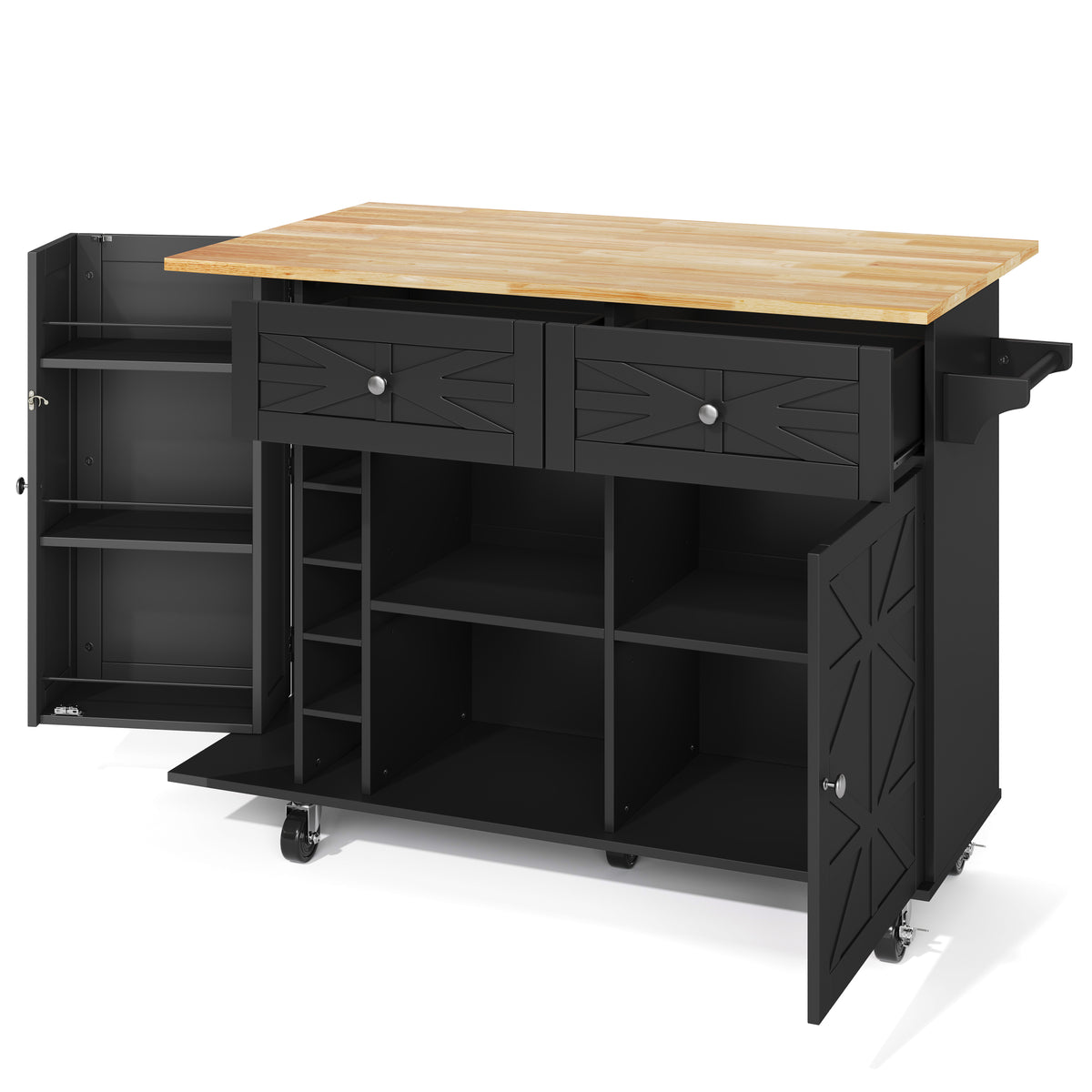 Isla de cocina con placa de trabajo plegable, equipada con 5 ruedas con cierre, armario, estante para vinos y soporte para vasos, negro, 120 x 45(70) x 89 cm