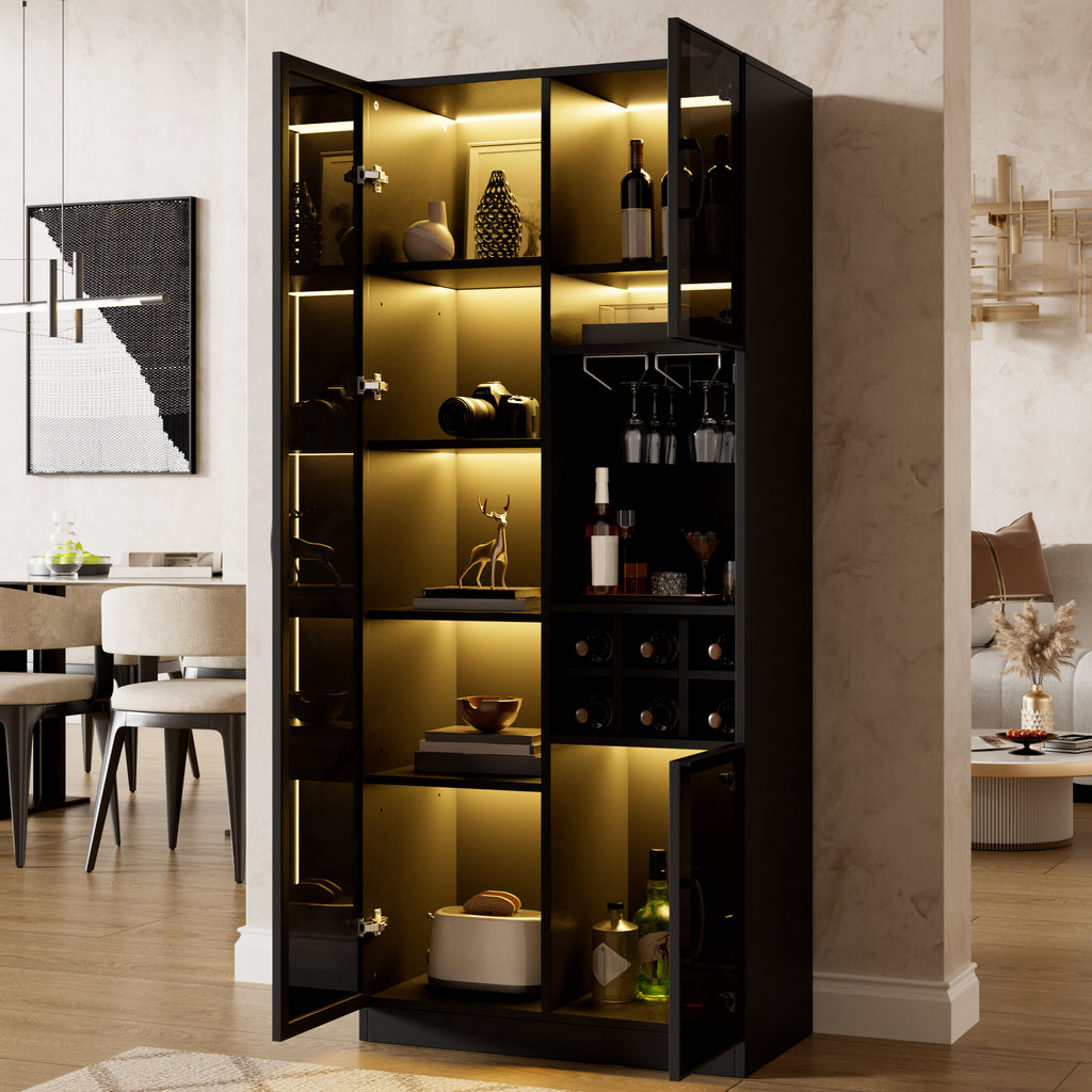 Vitrina con iluminación LED controlable por App, armario de cristal con puertas de cristal, estante para vinos y espacio de almacenamiento, armario para el salón