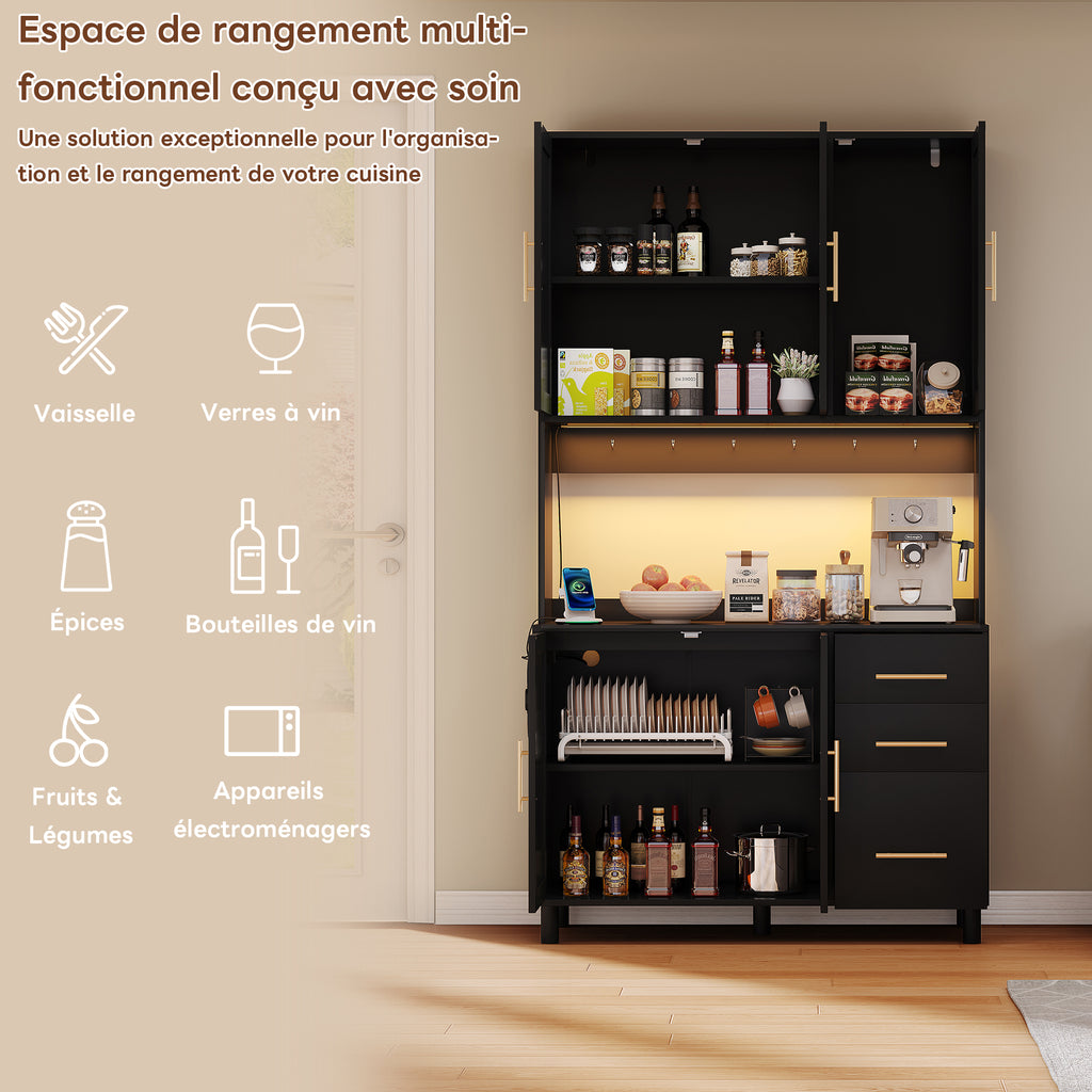 Antepecho de cocina de 183 cm, bufete, luces de decoración LED controladas por app, 2 x USB, 2 x enchufes, tableros de empotramiento ajustables, 3 cajones, mangoes de metal dorados, ideal para cocinas y comedores.
