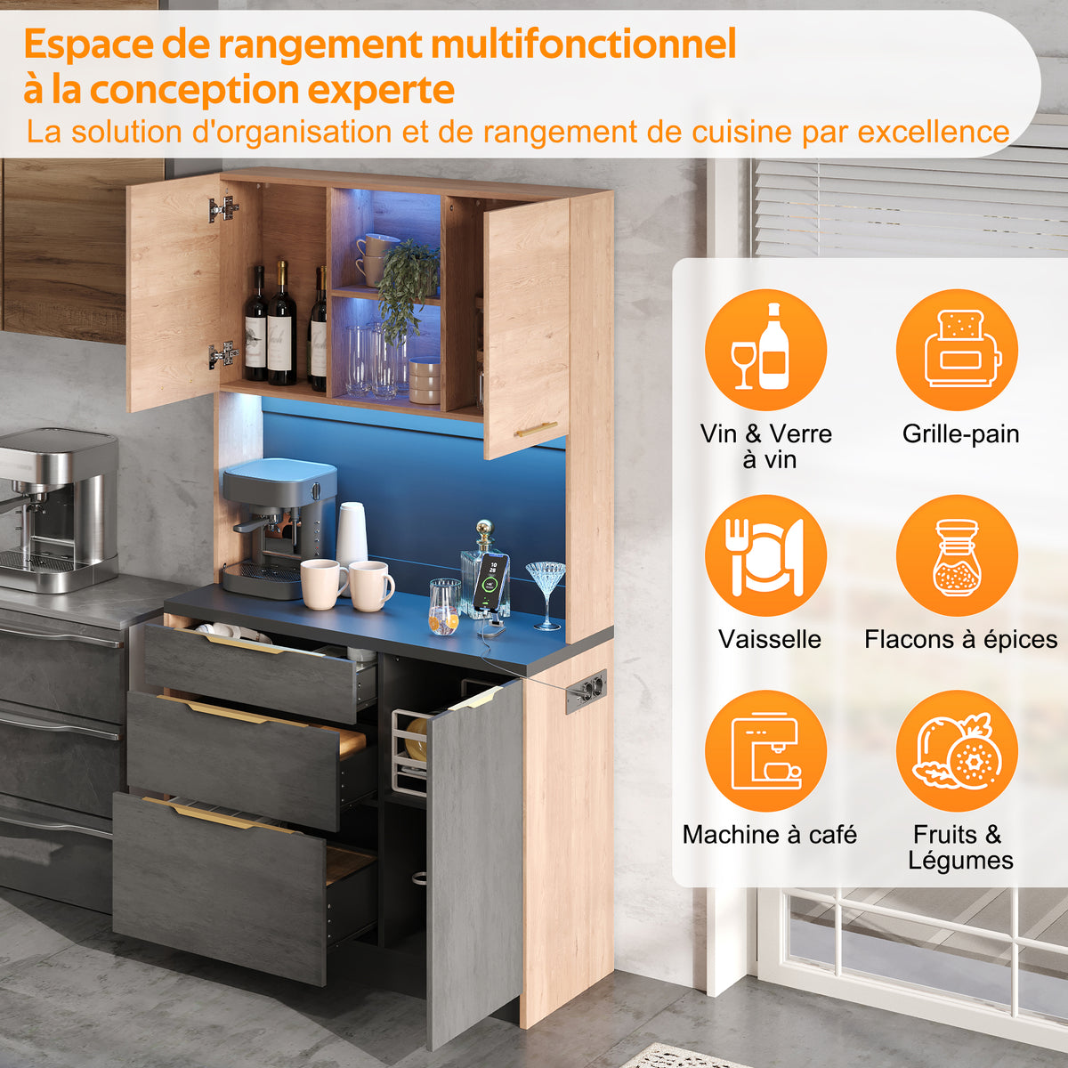 Armario alto de cocina de 100 × 40 × 180 cm, estilo betón, placa de trabajo negra, iluminación LED ajustable, toma de corriente europea, adecuado para cocinas, salones de estar, apartamentos, etc.