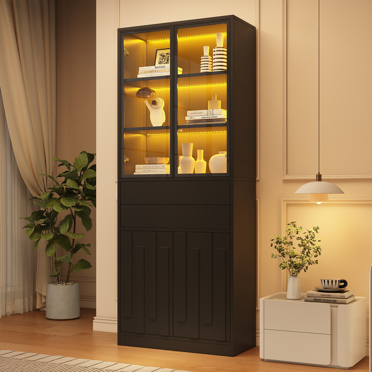 Vitrina LED de 70×34×180cm con 2 cajones, armario alto con puertas de vitrina, armario de salón con LED, armario para el salón, cocina, oficina, entrada, negro