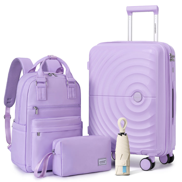 Set de equipaje ligero de 3 piezas, equipaje de mano expandible de PP de 20 pulgadas con ruedas, color lavanda
