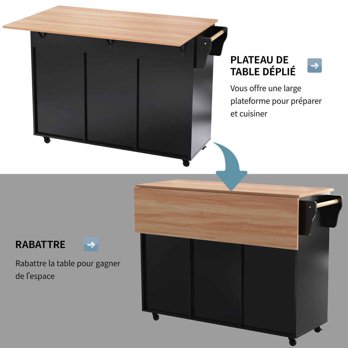 129x46(71)x91,5cm Esstischwagen /Anrichte con placa de mesa plegable, empotramientos internos en las puertas del armario, isla de cocina con 5 ruedas y estantes de intercambio y 2 cajones, para el comedor, negro