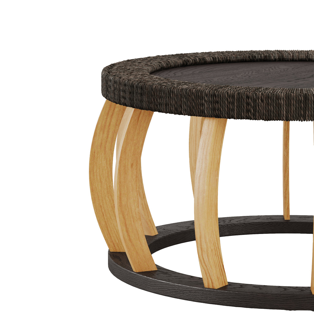 Mesa de café redonda de madera sólida con mimbre vintage, patas curvas, acento boho para el comedor, la cocina y la sala de estar, Negro Marrón