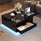 Mesón de salón de 70*70*38cm, Mesón de café elevador con tira de luz LED, Sofático con 1 cajón, Mesón auxiliar de alta brillantez con espacio de almacenamiento oculto y puertas con abertura superior, Negro