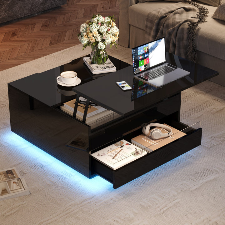 Mesón de salón de 70*70*38cm, Mesón de café elevador con tira de luz LED, Sofático con 1 cajón, Mesón auxiliar de alta brillantez con espacio de almacenamiento oculto y puertas con abertura superior, Negro
