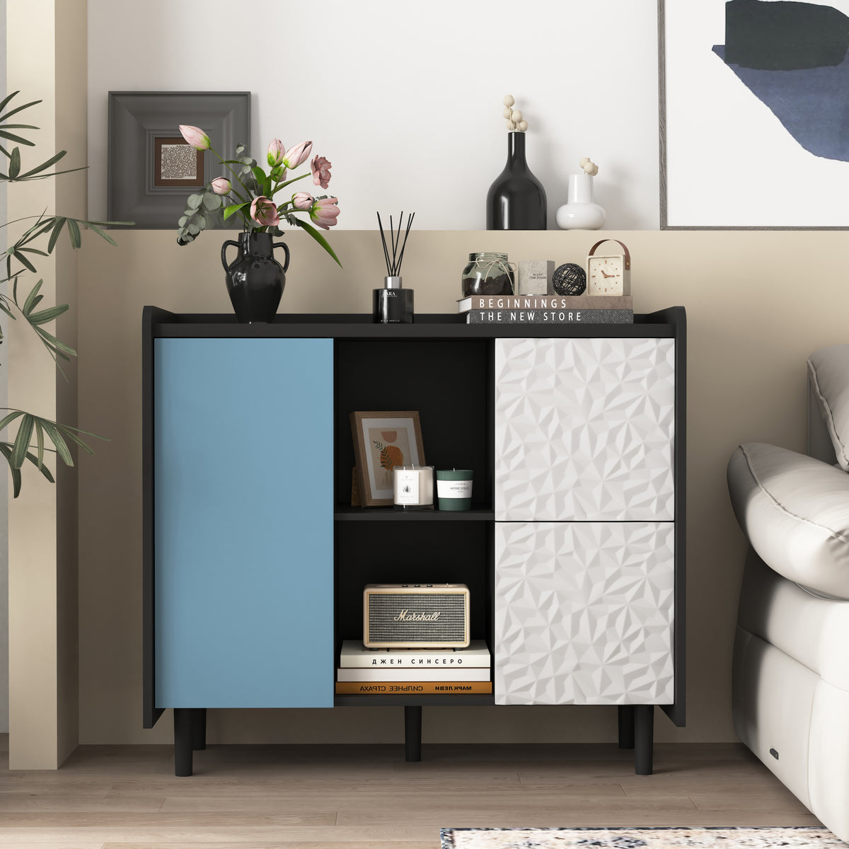 Gabinet de buffet, armario negro con puertas azules, 2 cajones con panel único y 2 compartimientos de almacenamiento abiertos, gabinete de bar de café moderno, armario de acento para la cocina, comedor