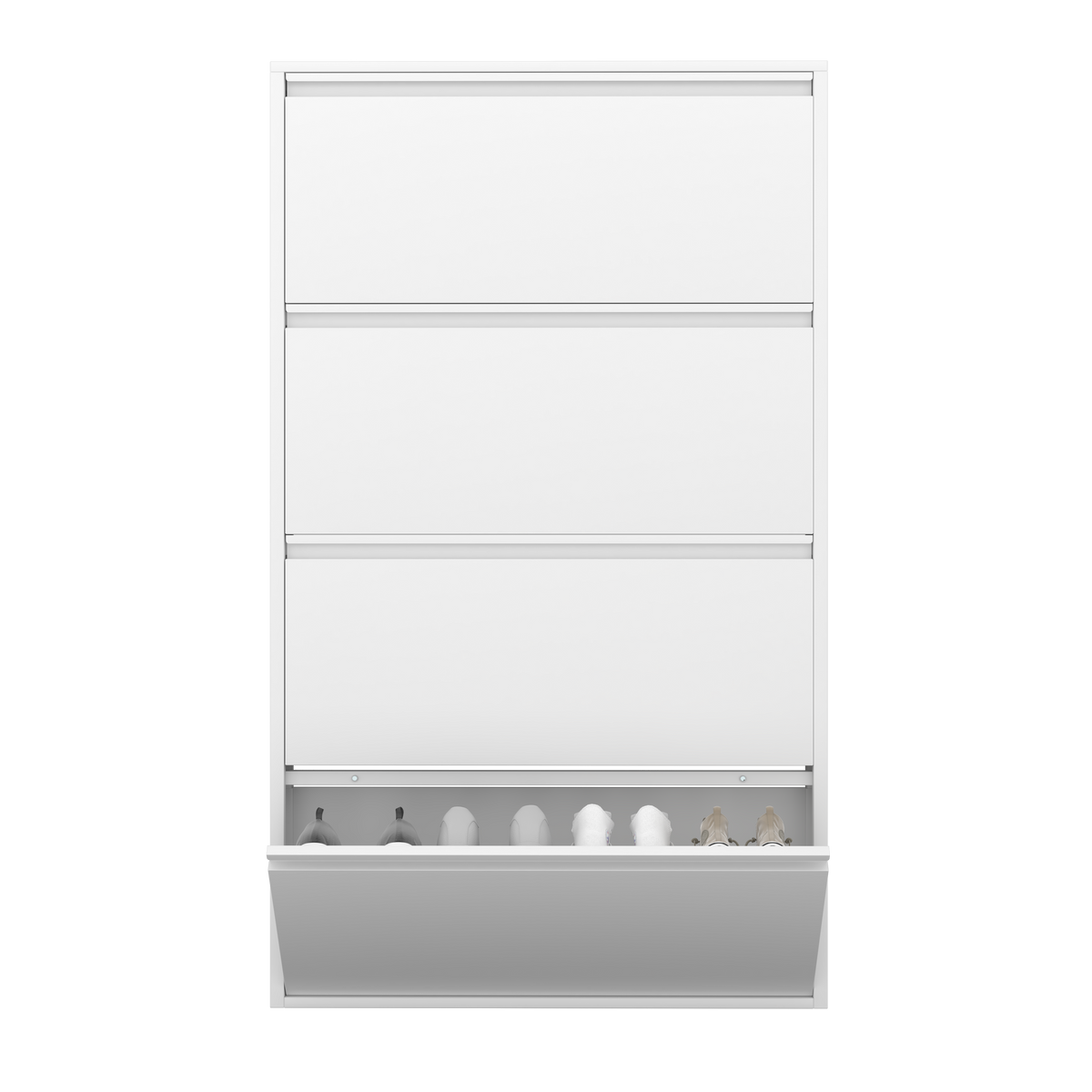 Gabinet de calzado de metal con 4 cajones volteables, organizador de calzado para la pared, estante oculto estrecho para el vestíbulo, blanco