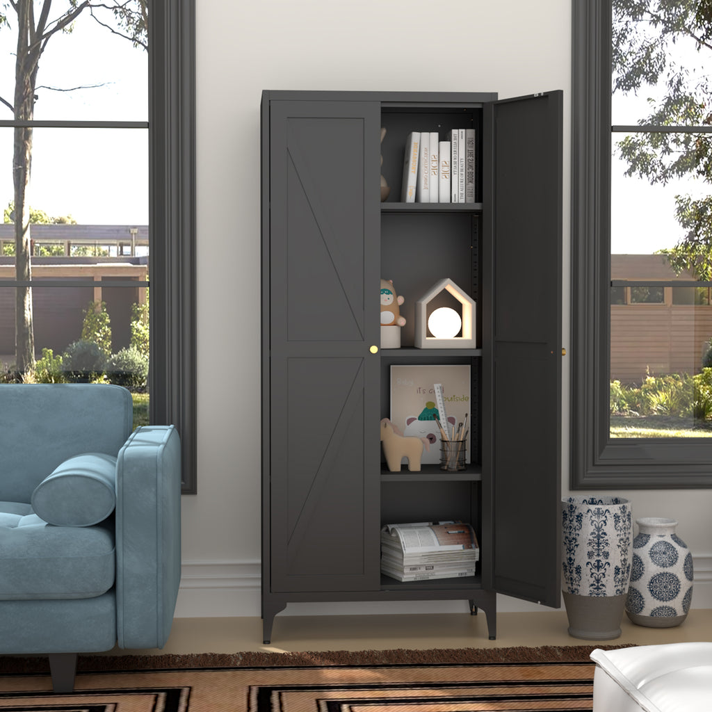 [Metal Adjustable] Gabinete de almacenamiento de dos puertas de metal para despensa de cocina, gabinete de despensa alta de acero para cocina, salón, comedor y oficina, color negro