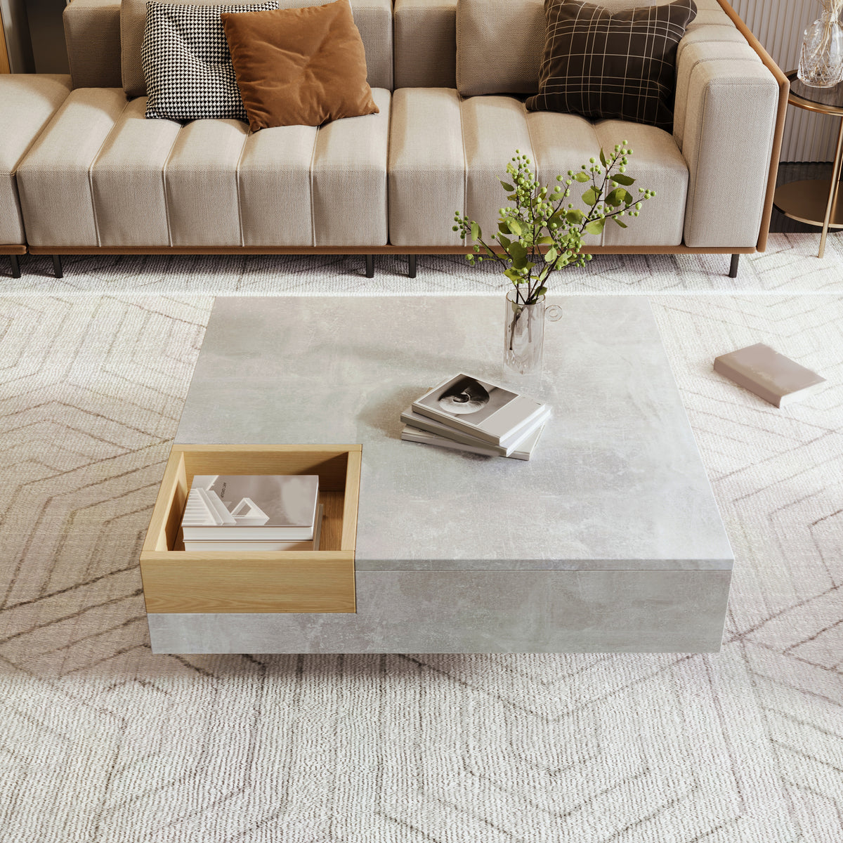 Mesita de centro para el salón, mesita lateral con caja de almacenamiento desmontable, color gris betón y color madera, 72*72*30 cm.