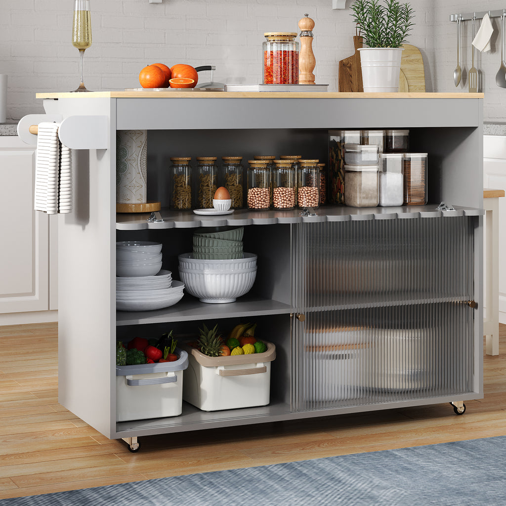 122 x 46(69) x 91 cm, Cocina con isla plegable, Mesón de trabajo de madera de roble, Puertas correderas de cristal templado, Tableros de empotramiento ajustables, Anclaje para toallas, Gran Cocina con isla