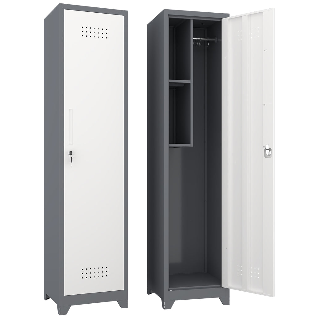 Gabinet de almacenamiento para limpieza de metal esbelto con puerta cerradora, estantes y barra de colgado, 65" de alto, organizador de utilidades para cocina, despensa, oficina, taller y garaje