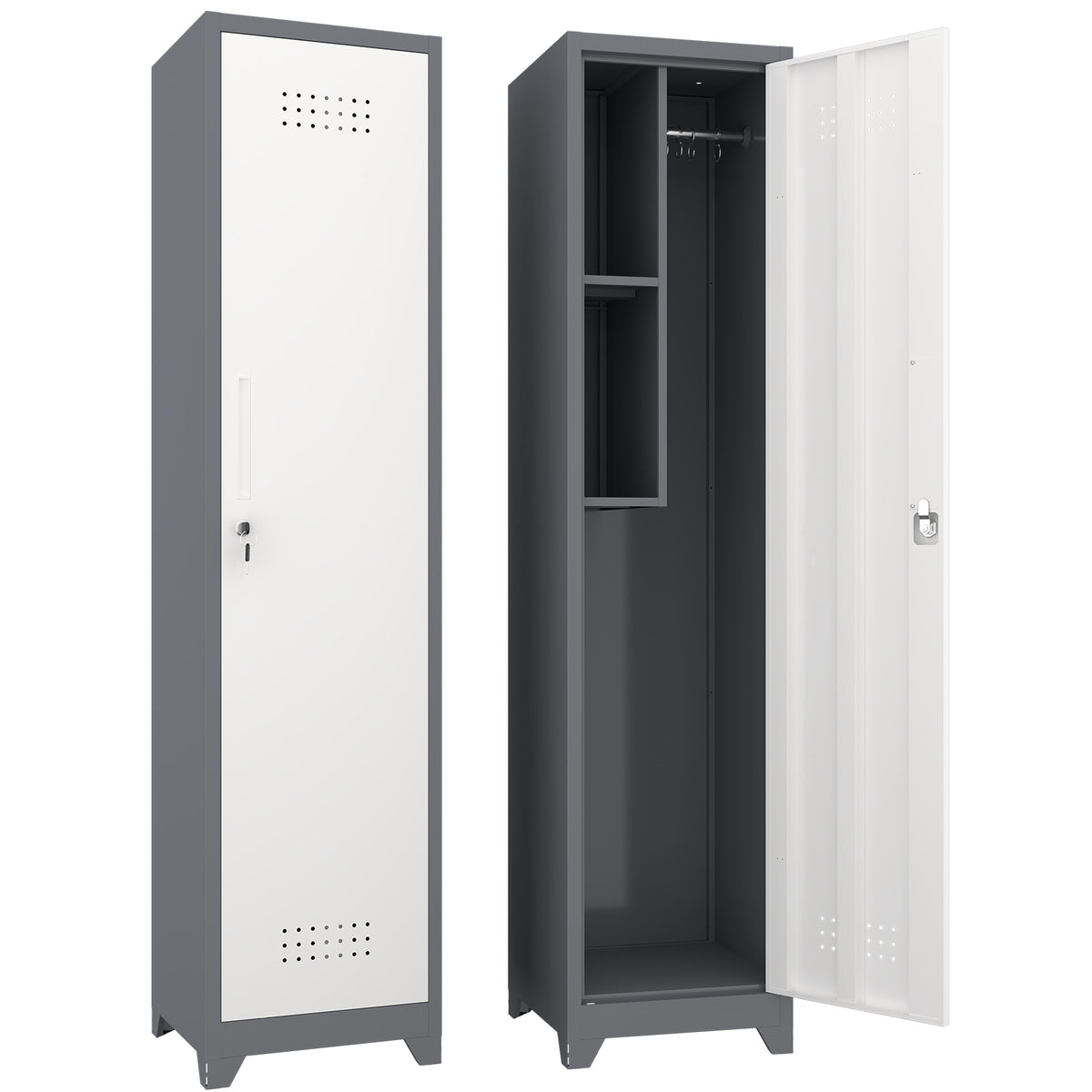 Gabinet de almacenamiento para limpieza de metal esbelto con puerta cerradora, estantes y barra de colgado, 65" de alto, organizador de utilidades para cocina, despensa, oficina, taller y garaje