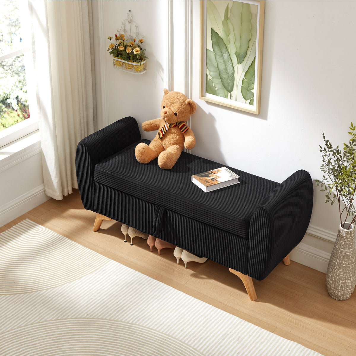 Banco de silla plegable con espacio de almacenamiento y patas de madera – 145×51×57 cm, para dormitorio, sala de estar y pasillo