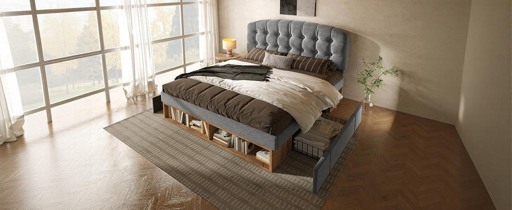 Cama Doble 140x190 cm de Lana Gris con Cajones y Cabecero Regulable – Sin Colchón