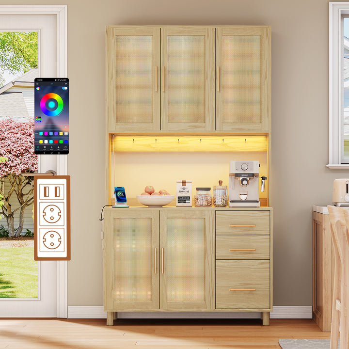 Antecabina de cocina de 183 cm, bufet, luces de decoración LED controladas por app, 2 x USB, 2 x enchufes, tableros de empotramiento ajustables, 3 cajones, asas de metal doradas, ideal para cocinas y comedores.