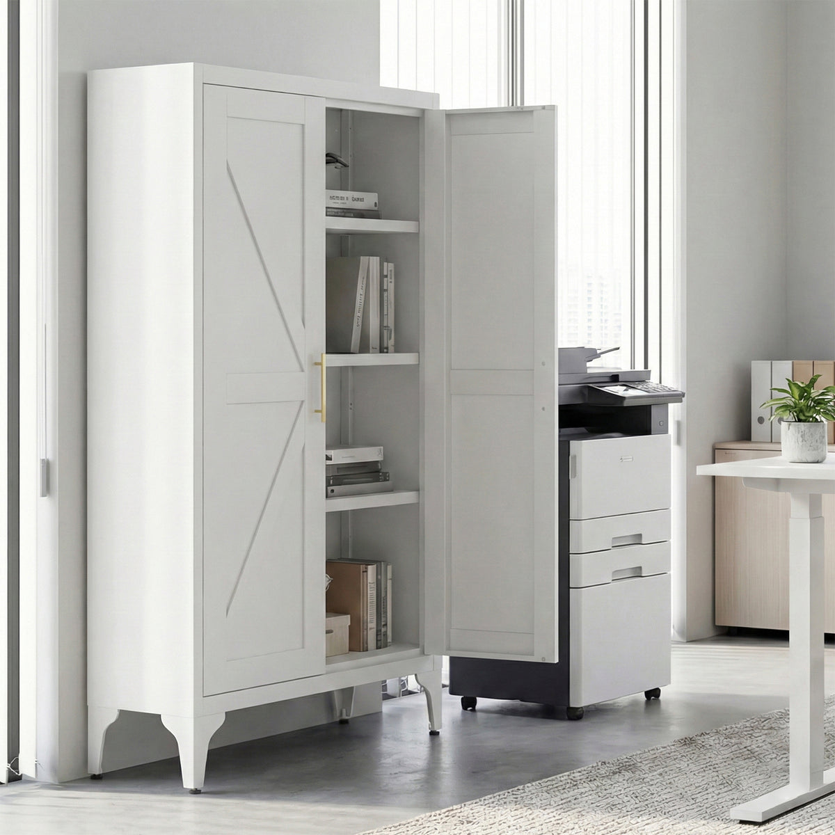 Gabinet de almacenamiento metálico de 2 puertas ajustable para despensa de la cocina, gabinete de despensa con estantes ajustables, todo de acero, para la cocina, el salón, el comedor y la oficina, blanco