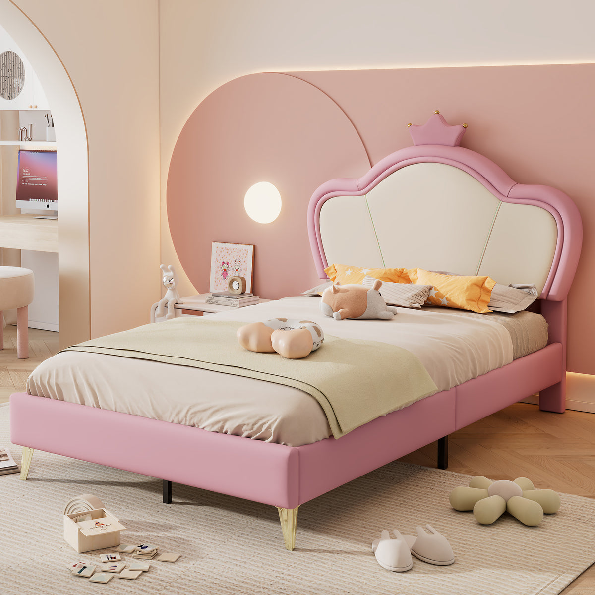 Cama de Colchón, Cama para Niños, con Bordes Suaves de Protección, Parte Superior de la Cama con Corona, Patas de la Cama de Metal, Perfil Elegante de la Parte Superior de la Cama de Colchón, Cama Individual, PU, Rosa + Blanco, 90x200cm