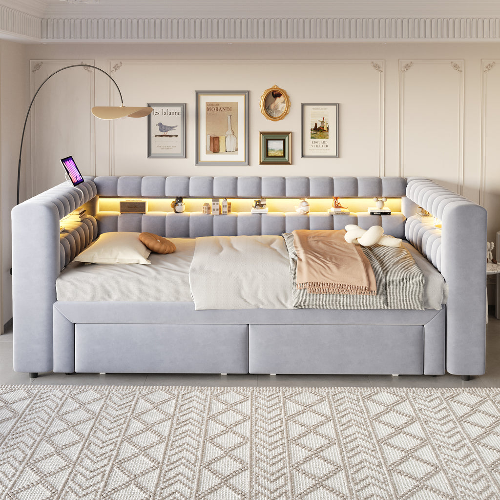 Sofá cama con cojines 90/180 × 190 cm, con cama extraíble y cajones, estantes integrados, iluminación LED, conectores USB y Typ-C, tela de seda gris claro