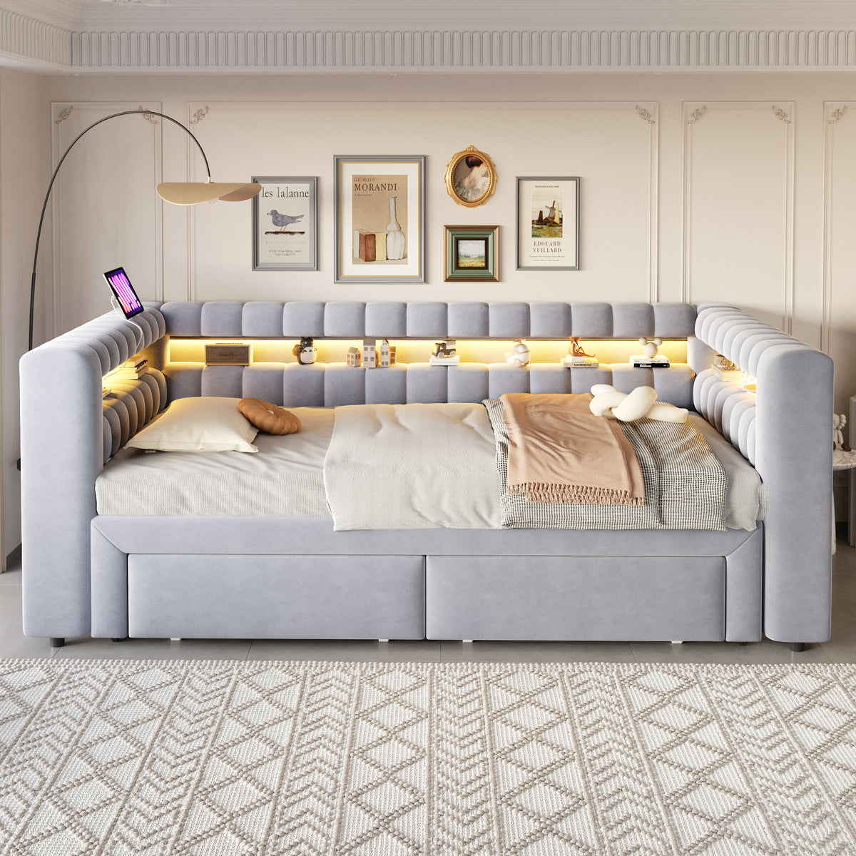 Sofá cama con cojines 90/180 × 190 cm, con cama extraíble y cajones, estantes integrados, iluminación LED, conectores USB y Typ-C, tela de seda gris claro