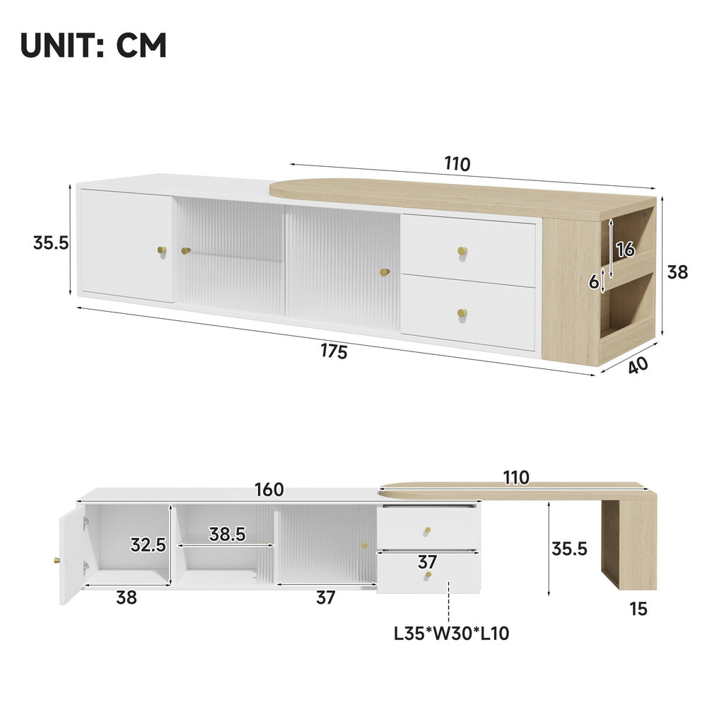 Mueble lateral para TV con iluminación LED, extensible, 2 cajones + 2 puertas correderas de cristal + 1 compartimiento, Mueble lateral para TV con espacio de almacenamiento, estante lateral, moderno, Blanco & Madera, 175×40×35,5 cm