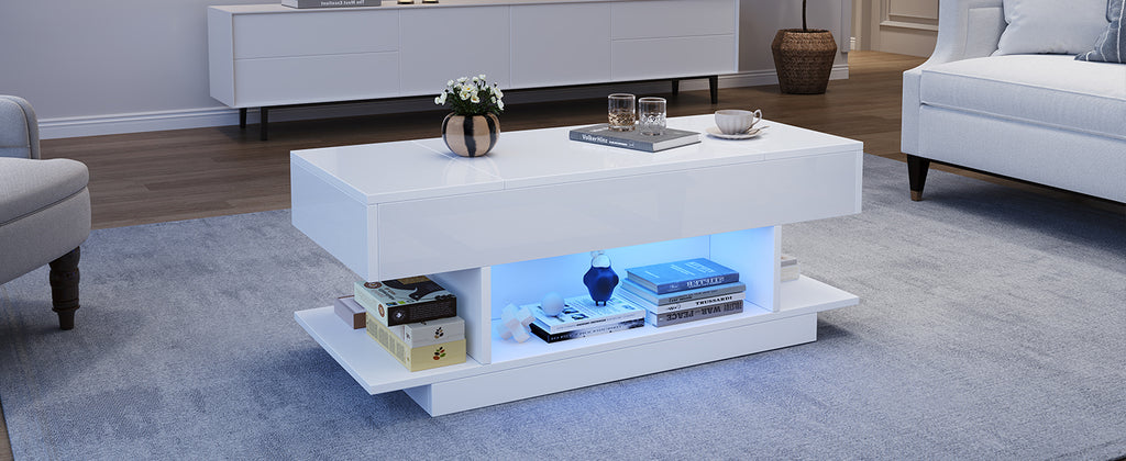 Mesón de Sofá con Luz LED y Placa Elevable – 98×45×40 cm, Blanco con Almacenamiento Oculto