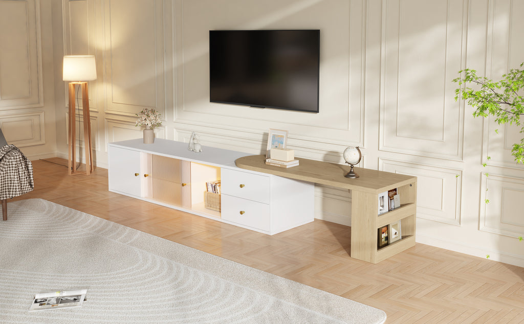 Mueble lateral para TV con iluminación LED, extensible, 2 cajones + 2 puertas correderas de cristal + 1 compartimiento, Mueble lateral para TV con espacio de almacenamiento, estante lateral, moderno, Blanco & Madera, 175×40×35,5 cm