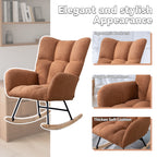 Silla de rock de tela de osito con bolsillo, Silla de rock suave para el cuarto de bebé, Silla de rock con respaldo en forma de alas cómoda con base de madera sólida segura, Sala de estar, Marrón