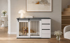 Caja para perro 2 en 1, Hoguera interior para perro, Caja para perro de madera y metal en diseño de mobiliario, como mesita de noche, para perros pequeños a medianos, 140 x 60 x 87 cm, blanca, Mesa con folio de aspecto de mármol negro
