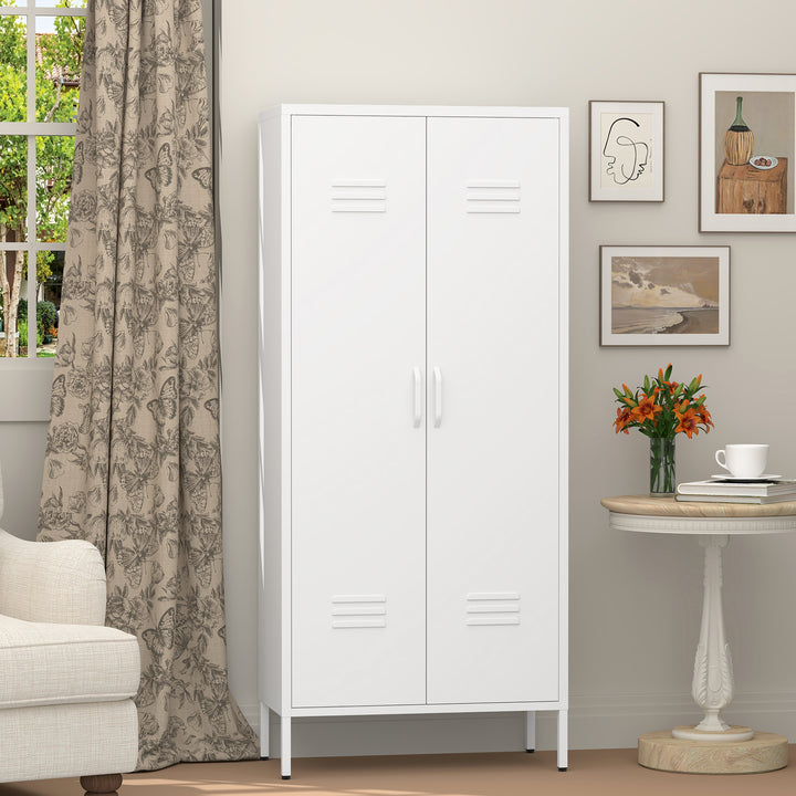 Gabinet de almacenamiento metálico de dos puertas blanco con estantes ajustables, ideal para almacenar ropa en el dormitorio, salón, oficina y gimnasio