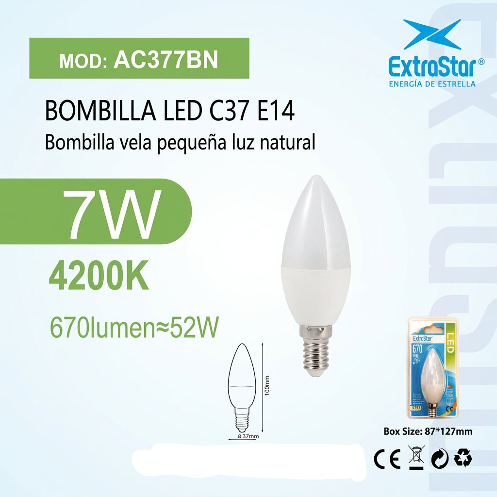 Bombilla LED C37 7W E14 Luz Natural 670LM